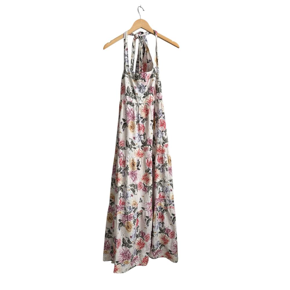 NEW House Of Harlow 1960 Floral Linen Tier Bow Tie Shoulder Long Maxi Dress Med - Picture 6 of 12